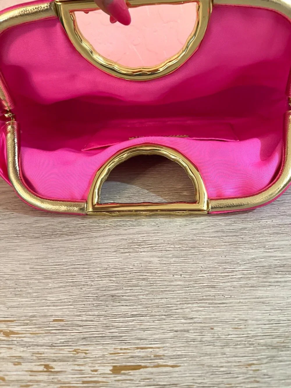 New Lilly Pulitzer Culver Clutch Bag Cerise Pink Satin Gold Metal Bamboo Handle